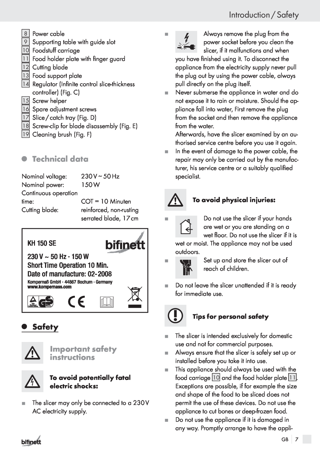 Bifinett KH 150 manual Introduction / Safety, QTechnical data, QSafety, Important safety instructions 
